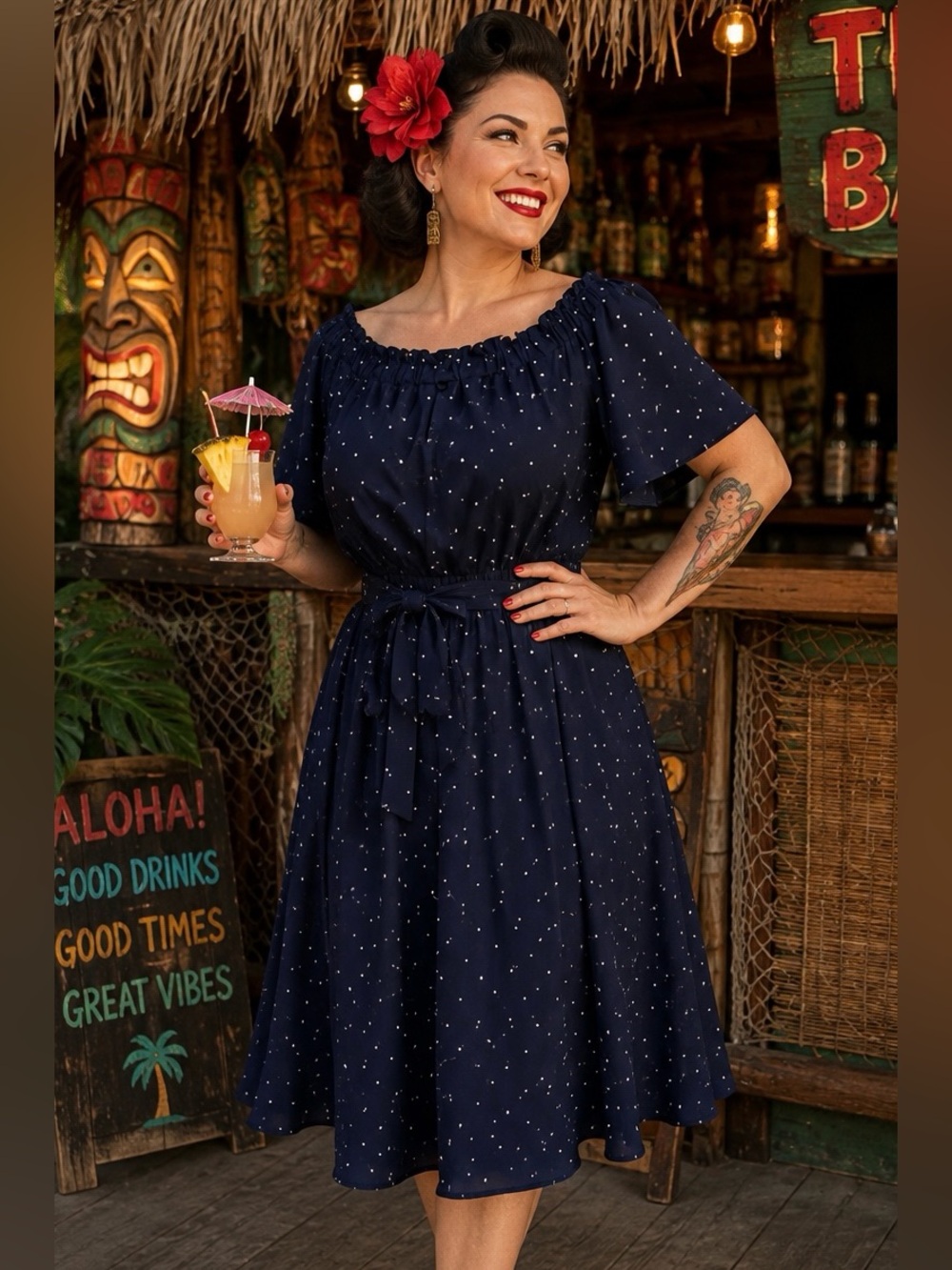Elle Midi Dress Rockabilly Tiki Size M Midi Dress Like New